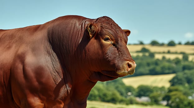 Majestic Brown Bull Standing Proudly in a Sunny Field. photo