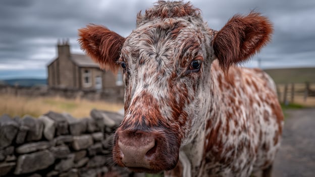 A British Shorthorn cow looks at the camera in a field. photo