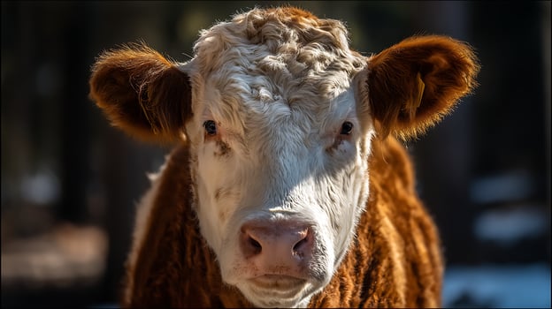 Close Up Portrait of a Gentle Brown and White Cow in Soft Light. photo