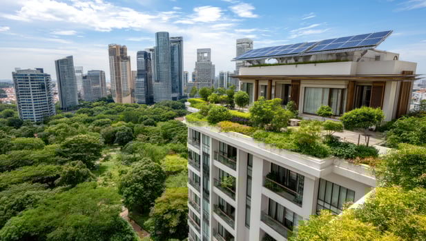 Rooftop garden apartment building with solar panels overlooking city background photo