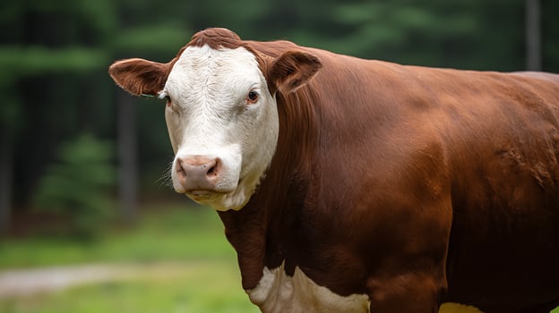 Close up of a Gentle Brown and White Cow in a Field. photo