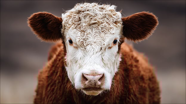 A Close Up Portrait of a Young Hereford Cattle with Wet Fur. photo
