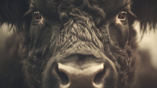 Intense Gaze A Dramatic Close Up Portrait of a Black Highland Cow. photo