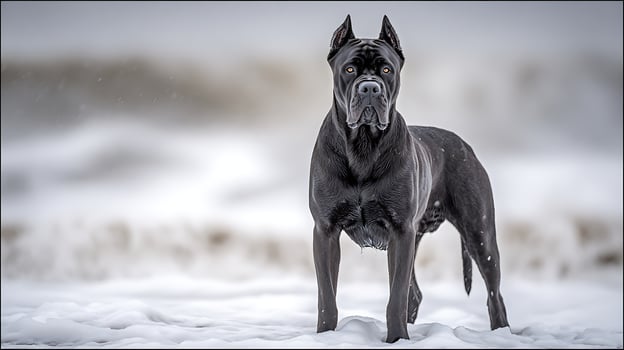 Majestic Black Cane Corso Stands Proudly in Winter Snow. photo