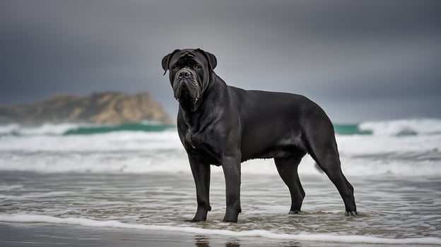 Majestic Cane Corso stands tall on a misty beach with waves. photo