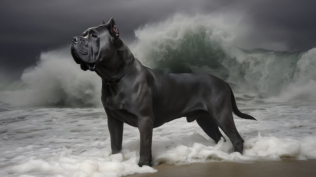 Powerful Cane Corso Stands Guard Against Crashing Ocean Waves. photo