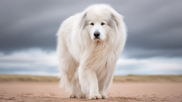 Majestic Great Pyrenees Dog on a Sandy Beach with Moody Sky. photo