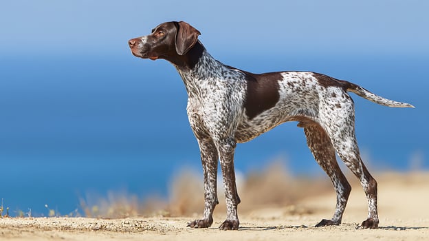 Majestic German Shorthaired Pointer Gazing Out Over Distant Blue Horizon. photo