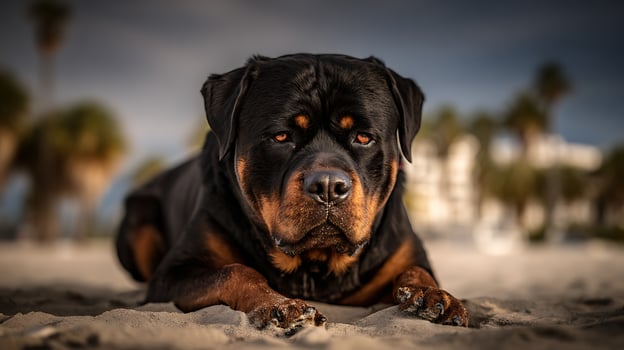 Majestic Rottweiler gazes intently on a sandy beach at sunset. photo