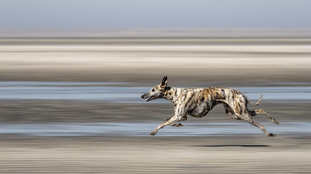 Fast Whippet Dog Running Across a Blurred Beach Landscape. photo