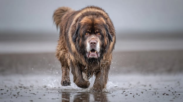 Majestic brown dog runs through water splashing with determination. photo