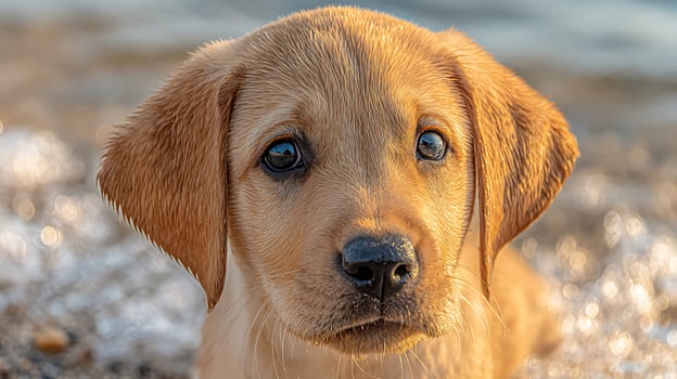 Adorable Golden Labrador puppy with wet fur by the water. photo