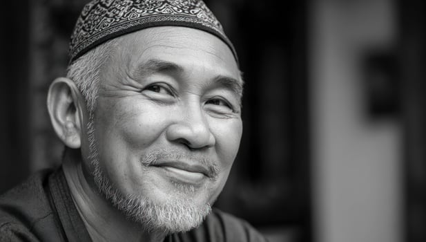 Senior man in kufi smiles, monochrome portrait, close up, lifestyle use photo