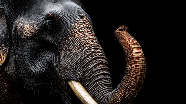 Majestic Elephant Head and Trunk Close Up on Black Background. photo