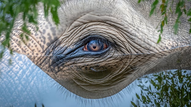 Elephant Eye Reflecting Nature in Rippling Water. photo