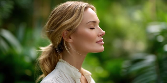 Serene woman meditates outdoors. Green forest background, beauty, wellness photo
