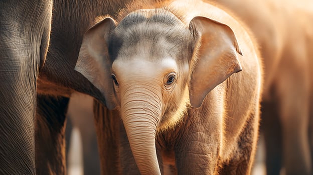 Adorable Baby Elephant Close Up Portrait with Warm Sunlight. photo