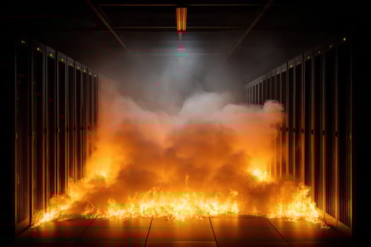 Server Room Fire Raging flames and thick smoke engulf the technology racks photo
