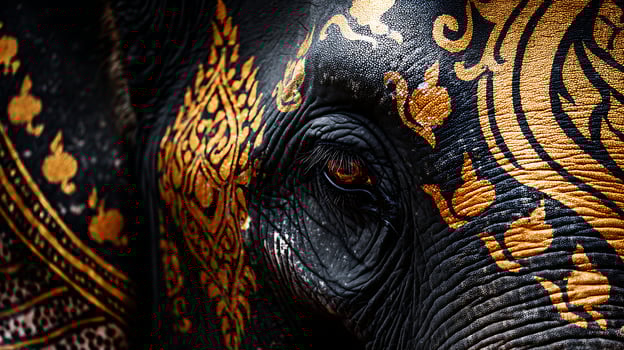 Majestic Elephant Up Close With Traditional Golden Ornate Markings. photo