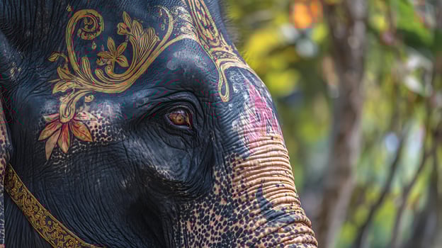 Majestic Elephant's Eye and Intricate Gold Body Paint Close Up. photo