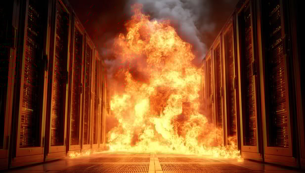 Servers on fire. Data center collapse. Danger of failure. Risk of loss photo