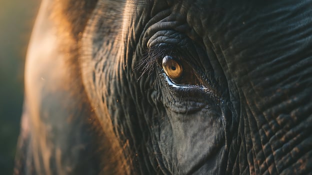 Majestic Elephant Eye Gleaming in Golden Hour Light. photo