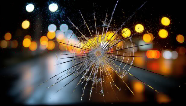 Shattered glass car windshield damage on dark highway after accident photo