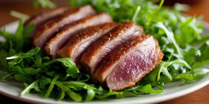 A plate of meat on top of greens photo