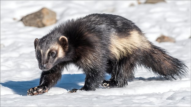 Fierce Wolverine Strides Through a Snowy Wilderness Landscape. photo