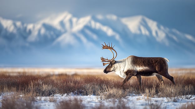Majestic Caribou Walks Through Snowy Landscape with Mountains Behind. photo