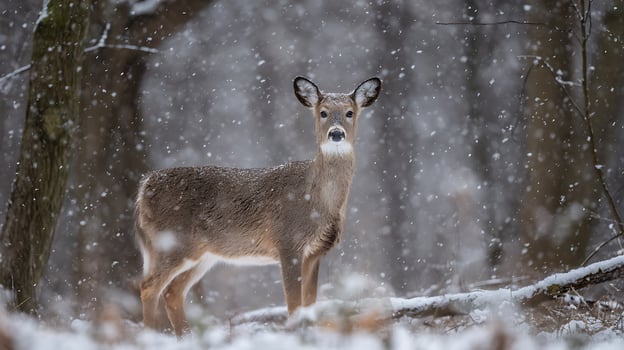 A lone deer stands in a gentle snowfall in a winter forest. photo