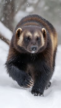 Majestic Wolverine Emerges Through Falling Snow with Fierce Gaze. photo