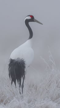 Majestic Red Crowned Crane Stands Tall in Misty Winter Landscape. photo