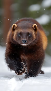 Fierce Wolverine emerges from snowy forest, focused and determined. photo