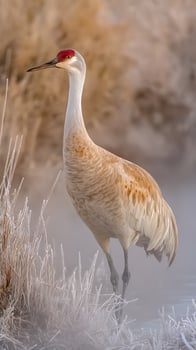 Majestic Sandhill Crane Standing Amidst Frosty Winter Grasses. photo
