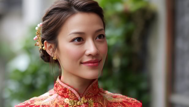 Smiling woman in traditional formal dress outdoor for wedding, celebration backdrop photo