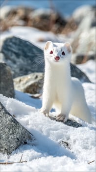 Curious white ermine with bright red eyes in winter snow. photo