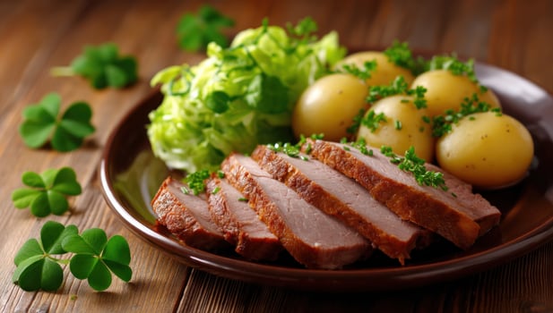 St Patrick's Day meal Sliced meat, potatoes, salad with shamrocks on wood photo