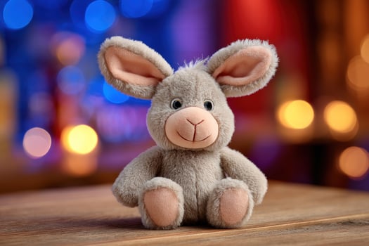 Stuffed rabbit sits on wooden surface with blurred holiday background for kids photo