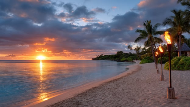 Sunset on a tropical beach with tiki torches, ocean view, calm water photo