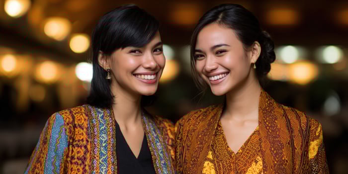 Two smiling women in ethnic clothes at event, background blurred, for promotion photo