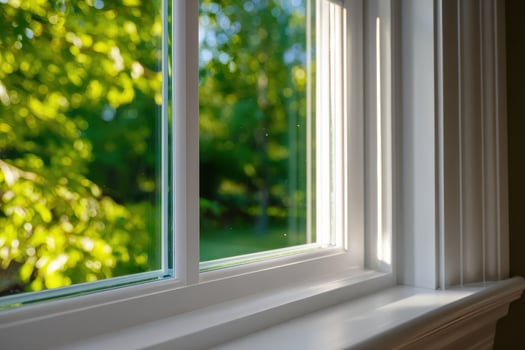 Close up of a white framed window looking out onto green trees on a sunny day outside the home photo
