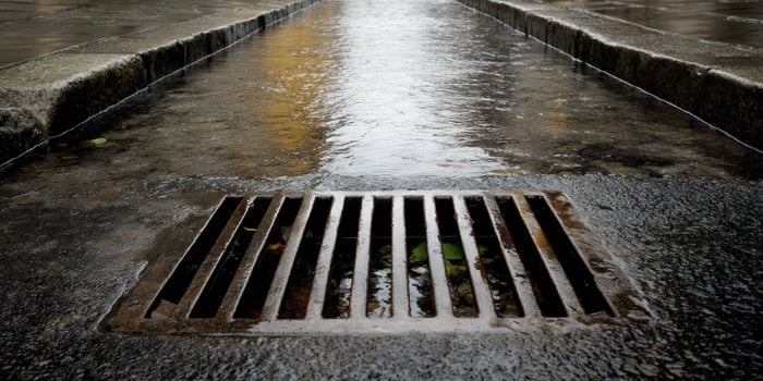 Wet City Street Drainage Runoff flows in rainy weather for safety and cleanliness photo