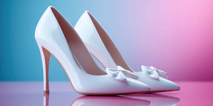 White heels pair with bow, shiny stylish footwear against pink and blue backdrop photo