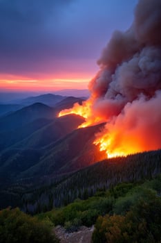 Wildfire burning on mountains at sunset, as smoke rises, for climate crisis awareness photo