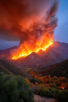Wildfire rages across the mountain range with smoke filling the sky. Emergency use photo