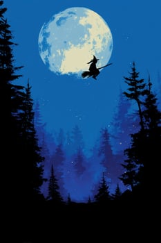 Witch flies on broom in night sky with full moon over dark forest background photo