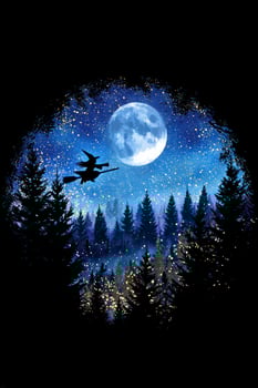 A painting of a witch flying over a forest photo