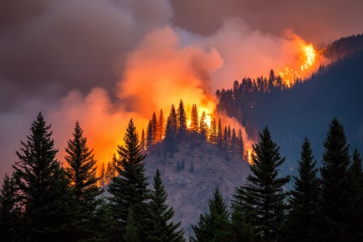 Wildfire rages on forest hill at dusk, dark skies, smoke, ecological disaster use photo