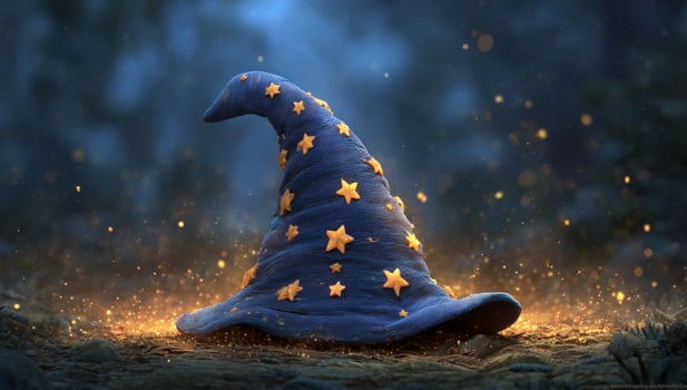 Wizard hat with stars on the ground in a forest surrounded by magical dust photo